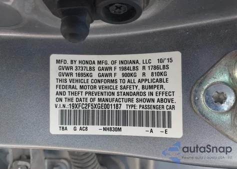 2016 Honda Civic Lx из США, поврежденный, VIN 19XFC2F5XGE001187